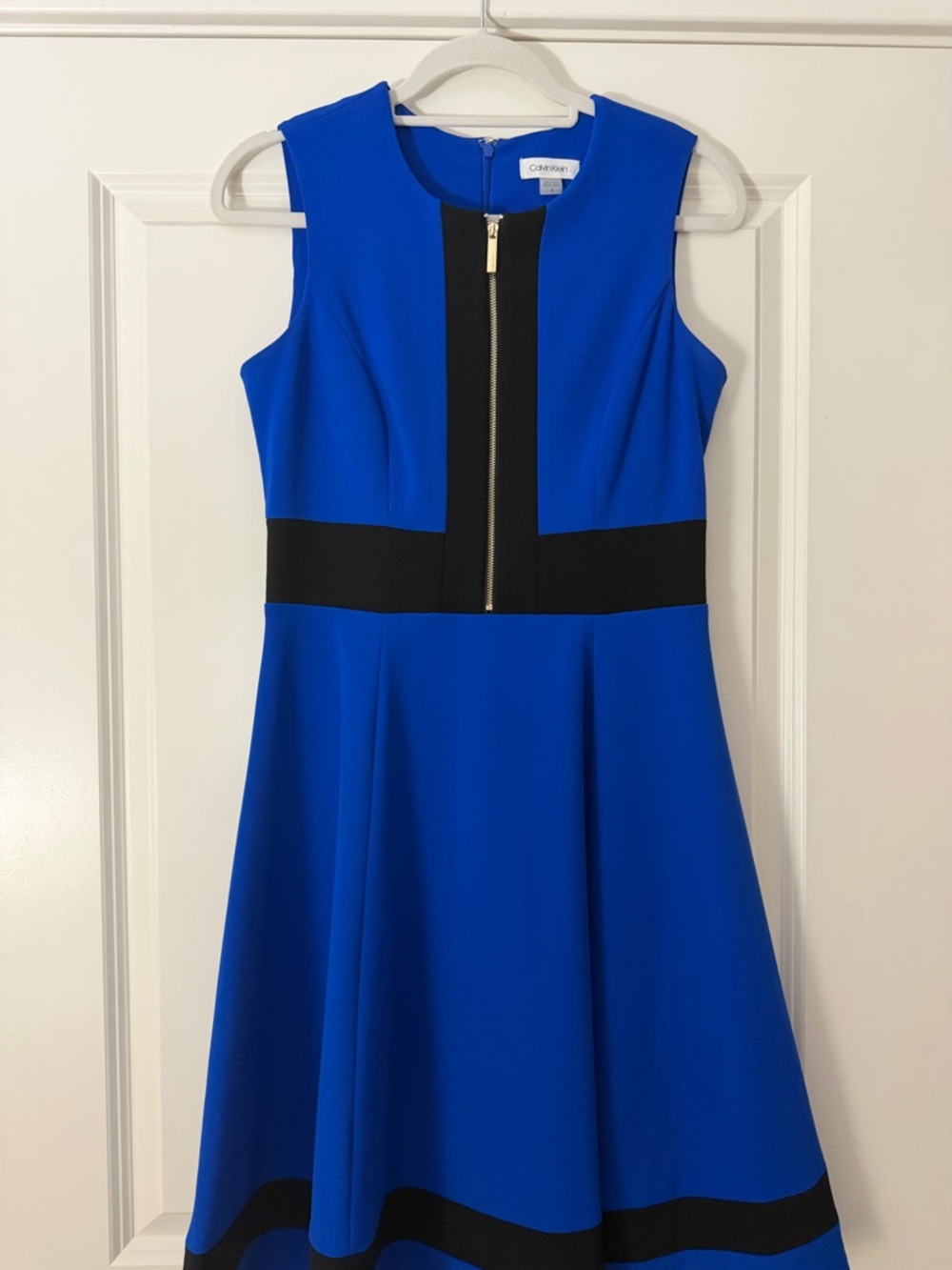 Calvin Klein Cobalt Blue Sleeveless Fit-and-Flare Dress with Black Accents